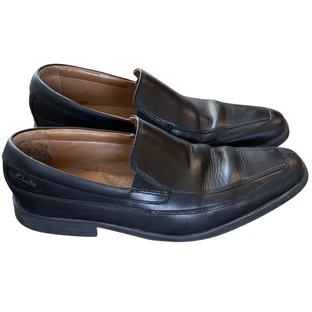 Clarks Collection Loafers Mens 10.5 Black Good Leather Square Toe Slip On Shoes